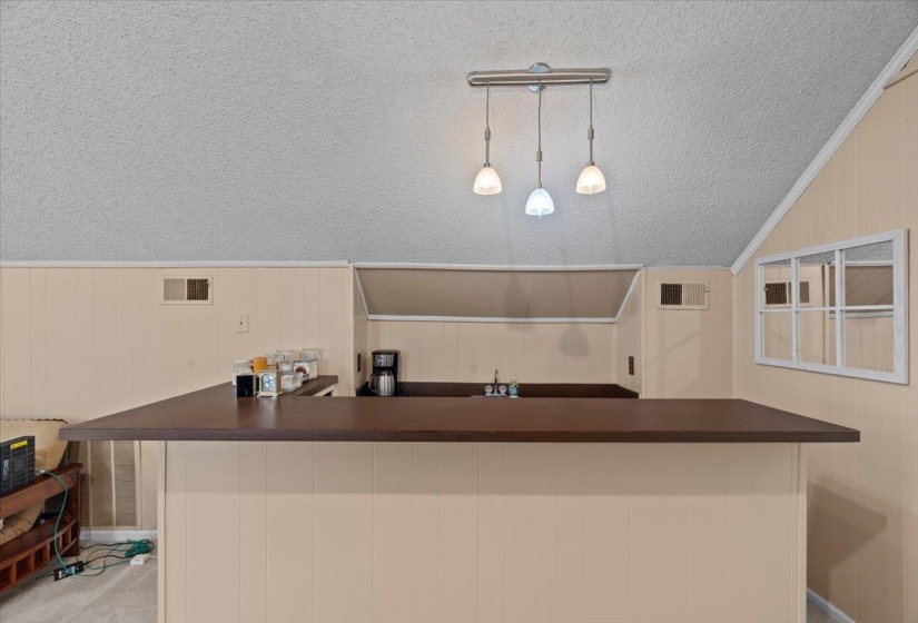 Kitchen with dark countertops, wooden walls, and light carpet