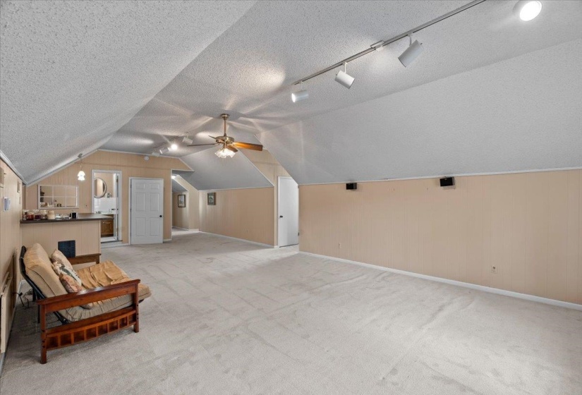 Additional living space with a ceiling fan, wood walls, and light colored carpet