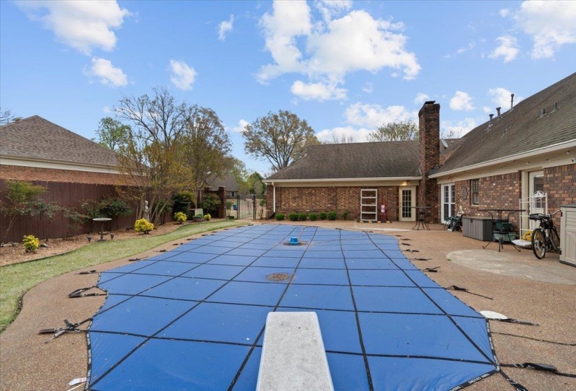 View of pool featuring a fenced backyard, patio surround, and a diving board