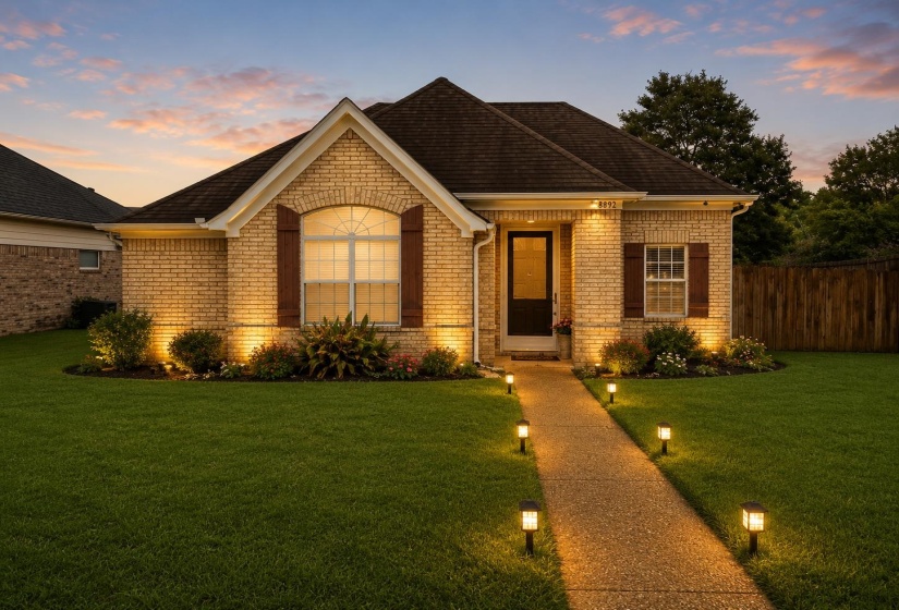 Brick exterior with gabled roofline and decorative shutters