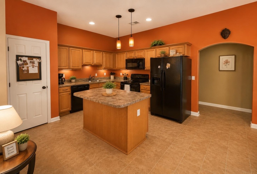 Kitchen featuring a central island with a stone-finish countertop, wood-finish cabinetry, black appliances, and recessed lighting