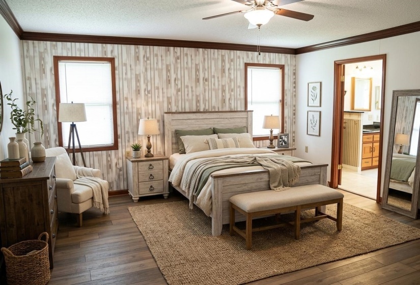 Spacious bedroom featuring wood-finish flooring, accent wall paneling, and an overhead ceiling fan with lighting   AI generated