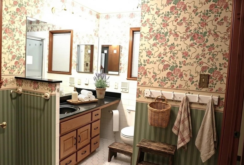 Bathroom featuring a dark countertop, integrated sink, and wood cabinetry