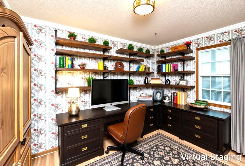 Room featuring wood-finish flooring and patterned wallpaper   AI generated