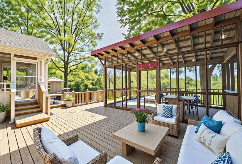 Spacious outdoor deck featuring natural wood decking, a screened-in porch with a dining area, an additional screened structure with a flat roof, a white-framed exterior door, and wood railings