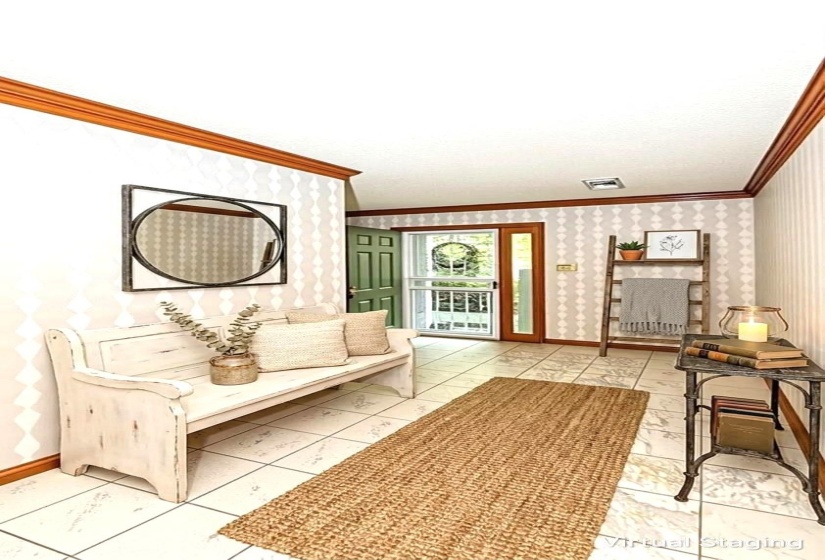 Foyer featuring white tile flooring and decorative wall accents  AI generated