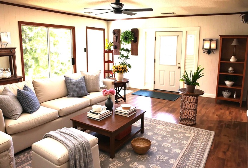 Living area featuring wood-finish flooring, a ceiling fan with integrated lighting, and multiple windows. AI generated
