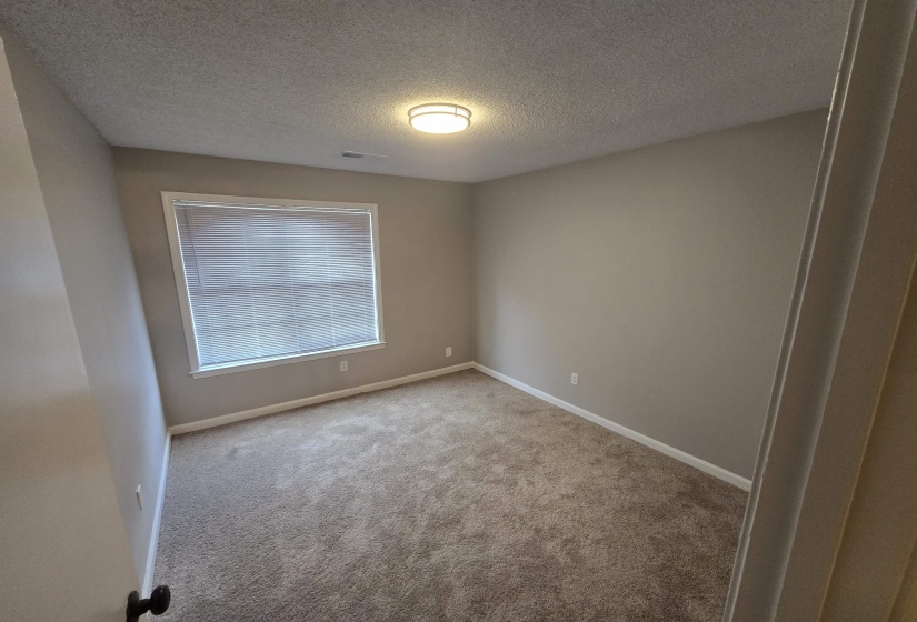 Empty room featuring a textured ceiling and light carpet