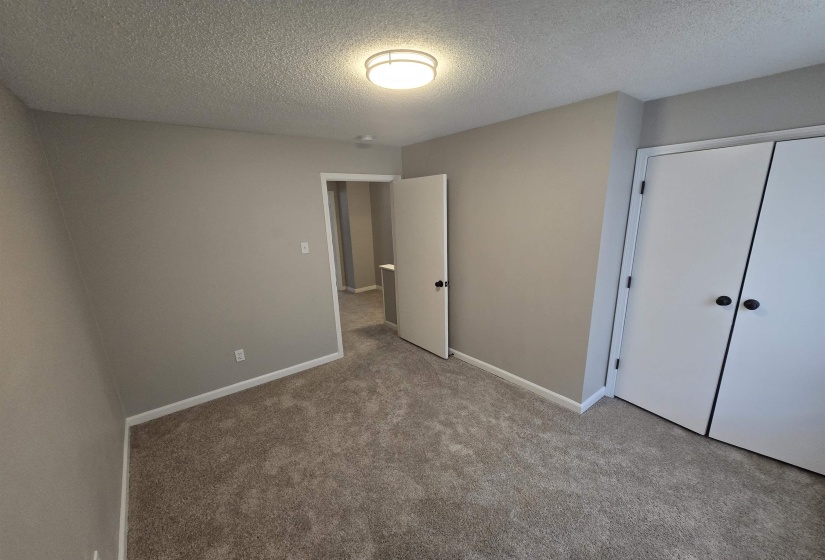 Unfurnished bedroom featuring a textured ceiling, light carpet, and a closet