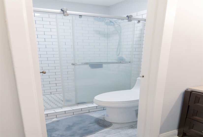 Full bathroom featuring vanity, a stall shower, and wood finished floors
