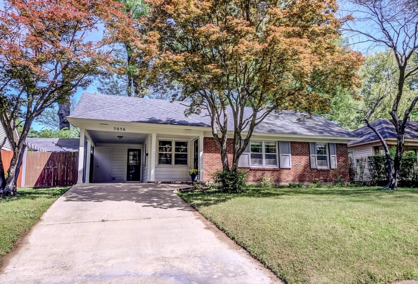 Ranch-style home with a carport, concrete driveway, brick siding, and roof with shingles