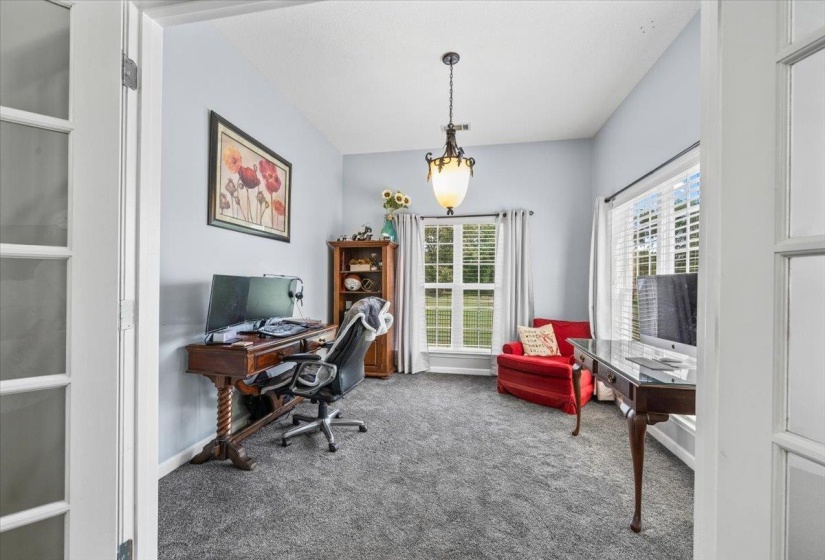 Spacious room featuring light blue walls, gray carpet, multiple windows with blinds, and French doors