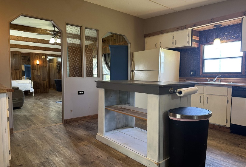 Kitchen featuring white cabinets, stainless steel dishwasher, dark wood-style floors, dark countertops, and backsplash