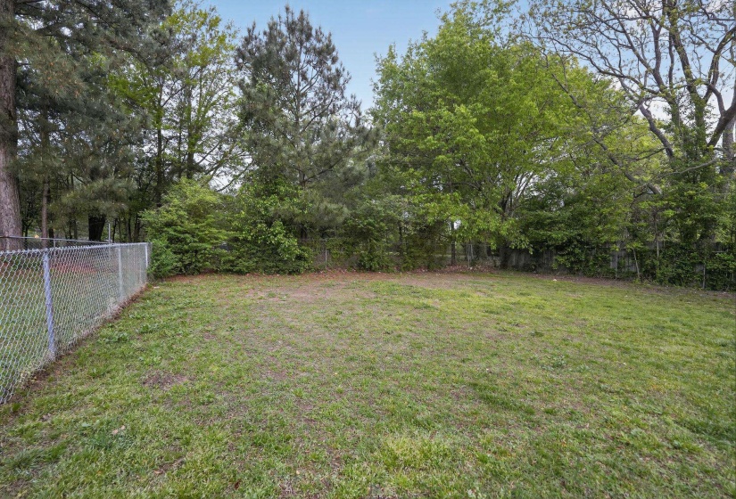 Fenced backyard with view of scattered trees