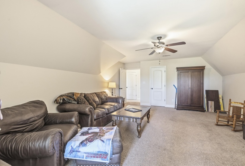 Carpeted living room featuring vaulted ceiling and a ceiling fan