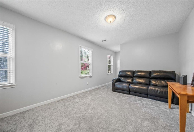 Carpeted living room with a textured ceiling and baseboards