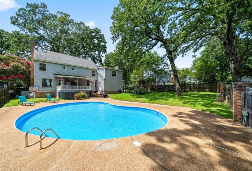 View of pool featuring a deck, a fenced backyard, and a patio area