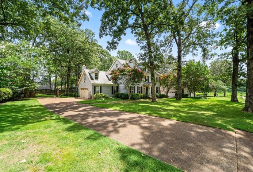 View of front of home featuring driveway, a front yard, and a chimney