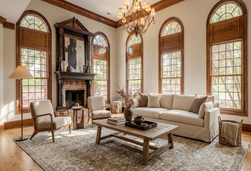 Living area with light wood-type flooring, a brick fireplace, crown molding, and suspended lighting