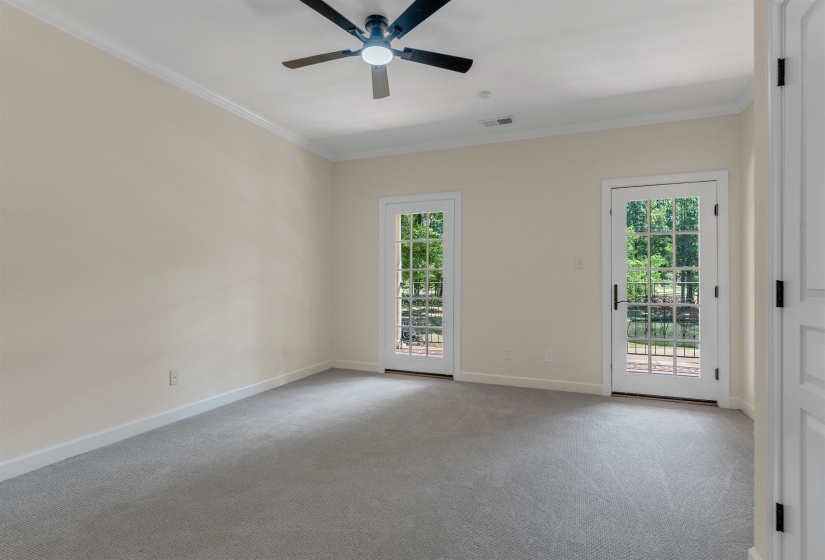 Spare room with plenty of natural light, ornamental molding, light carpet, and ceiling fan