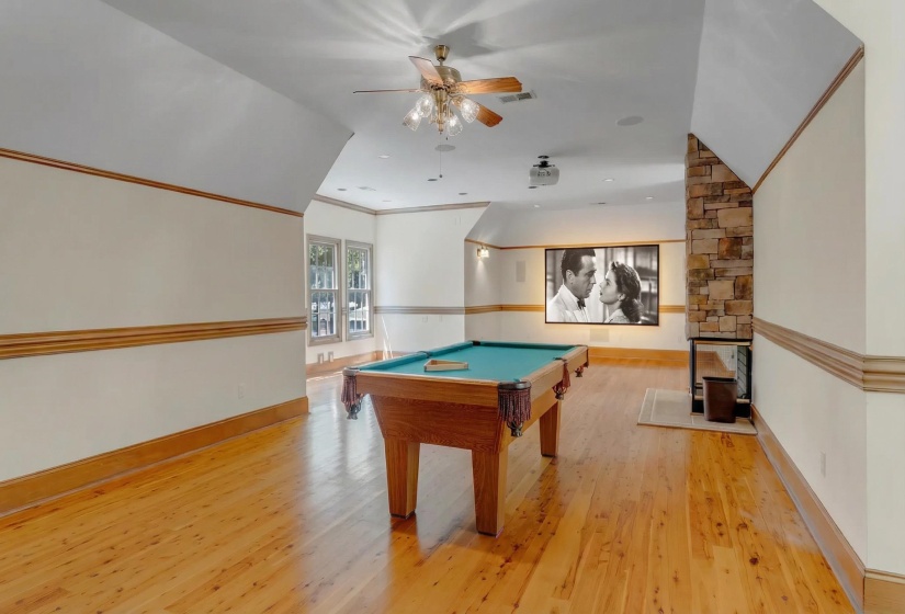 Game room featuring pool table, ceiling fan, recessed lighting, and crown molding