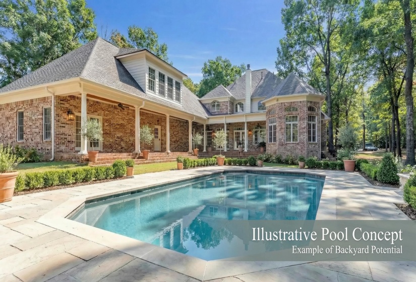 Back of house with an outdoor pool, brick siding, a patio area, and a ceiling fan