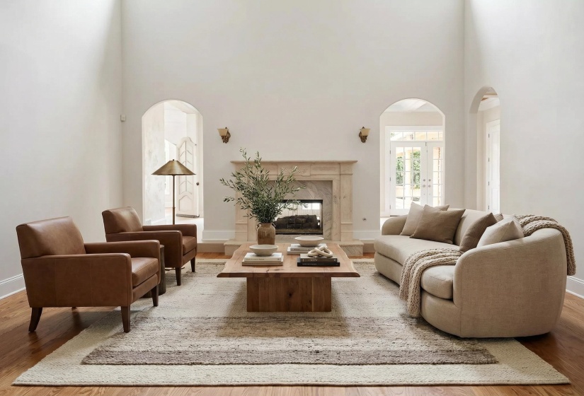 Living room featuring arched walkways, a high ceiling, light wood-style flooring, a premium fireplace, and french doors