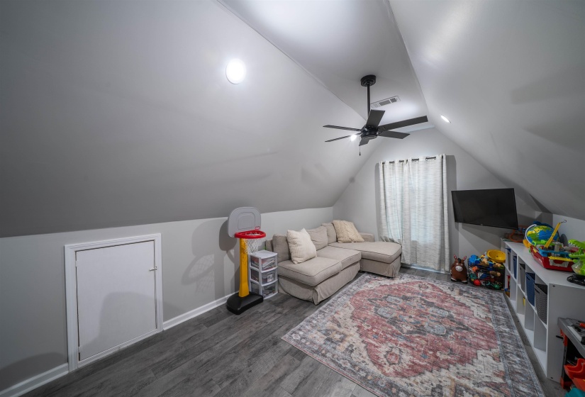 Rec room featuring vaulted ceiling, dark wood-type flooring, and a ceiling fan