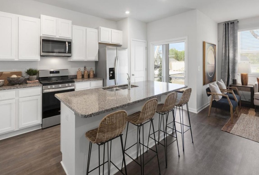 Kitchen with white cabinets, stainless steel appliances, dark wood-style floors, and a sink