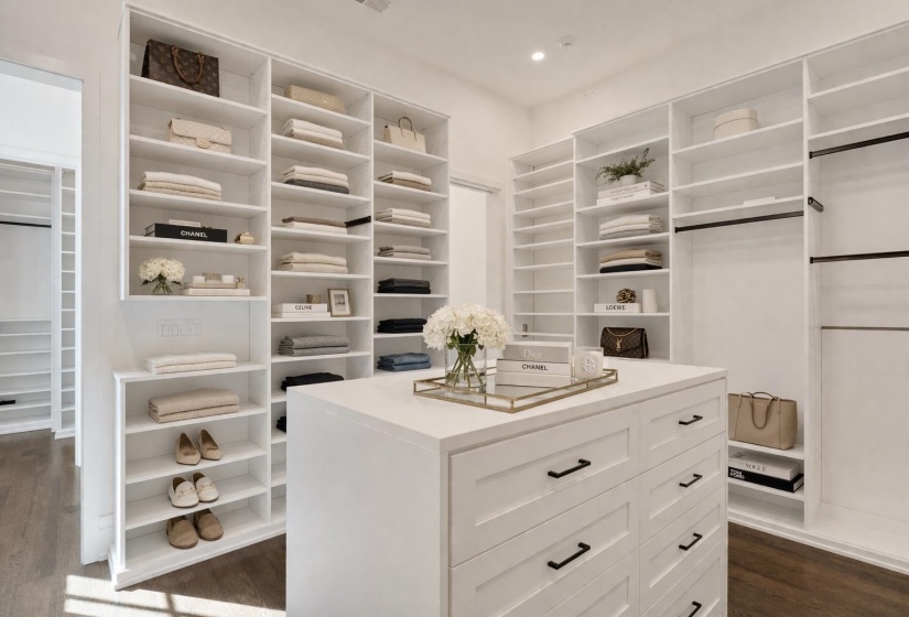 Walk in closet with dark wood finished floors
