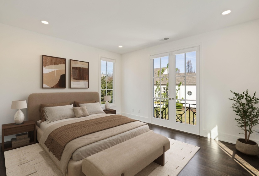 Bedroom with access to outside, recessed lighting, and wood finished floors