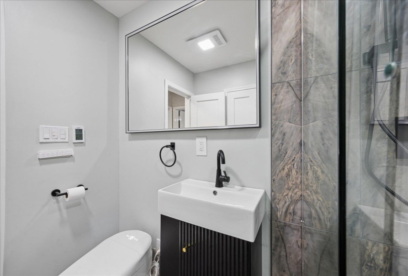 Full bath with vanity and a stall shower
