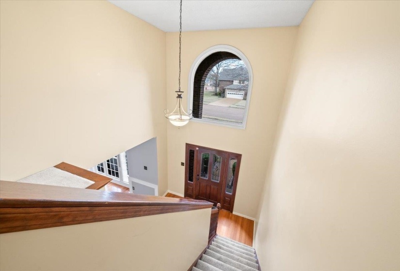 Foyer with stairway, wood finished floors, and a high ceiling