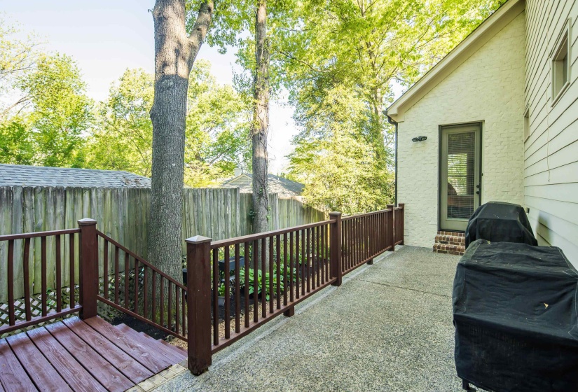 Deck with a fenced backyard and area for grilling