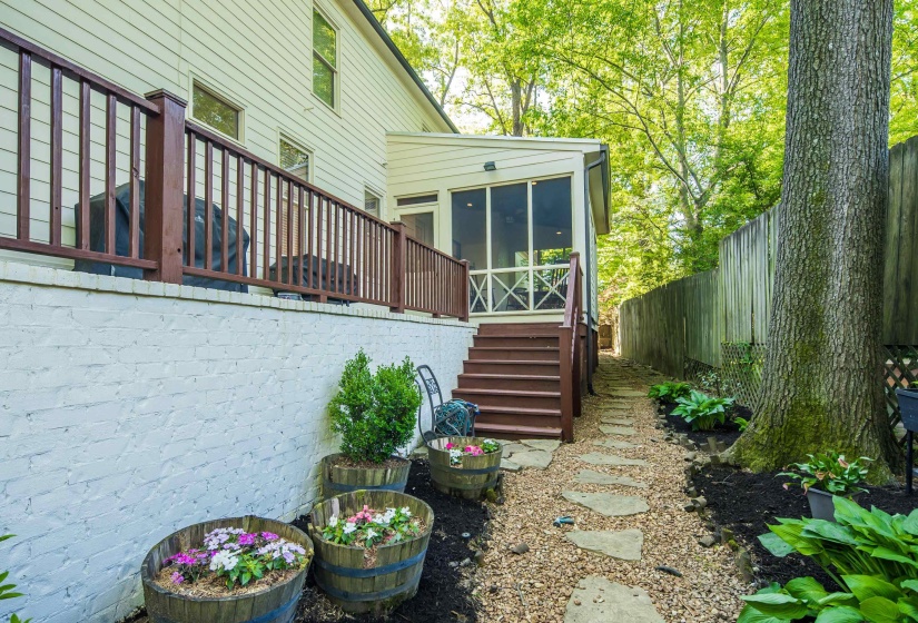 Fenced yard with a sunroom and stairs