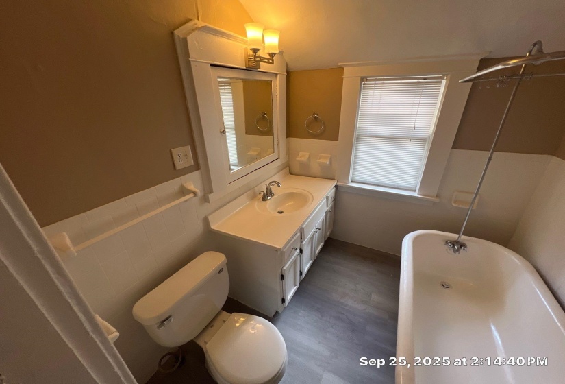 Bathroom featuring a freestanding bath, vanity, lofted ceiling, dark wood finished floors, and a shower