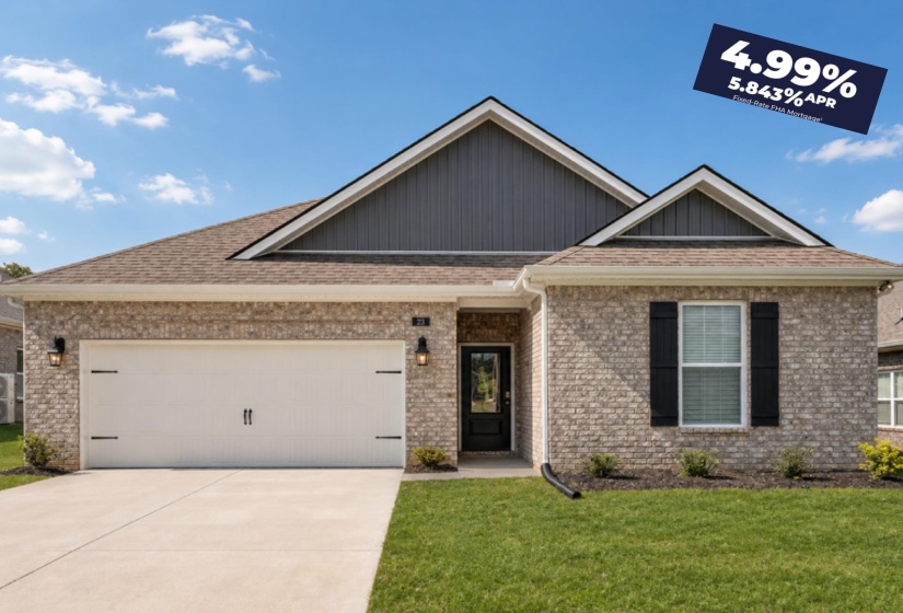Brick exterior with dark gray siding accents and a contrasting brown shingle roof