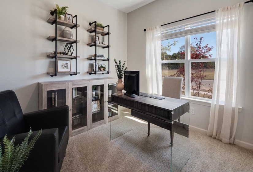 Carpeted home office with baseboards