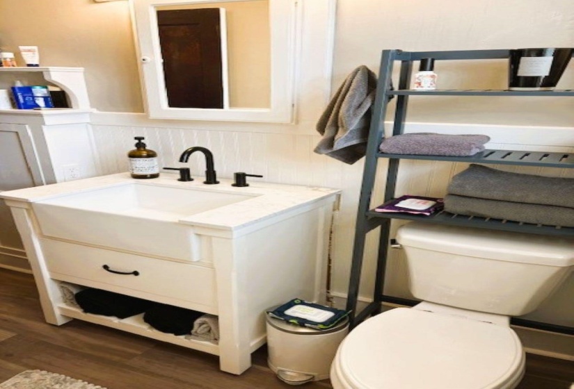 Bathroom with vanity, a wainscoted wall, and dark wood-style floors