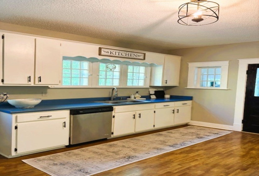 Kitchen with dishwasher, dark wood finished floors, a textured ceiling, white cabinets, and dark countertops