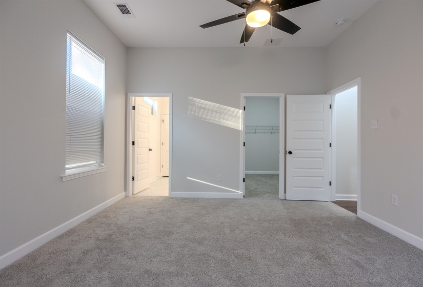 Unfurnished bedroom with ceiling fan, a closet, light colored carpet, and a walk in closet