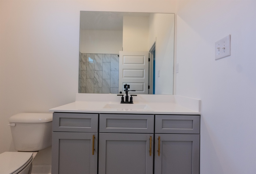 Bathroom with a shower, toilet, and vanity