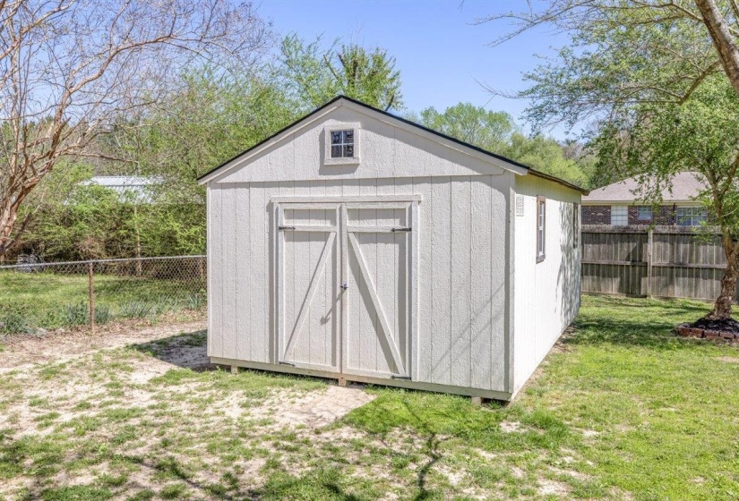 View of shed with a fenced backyard