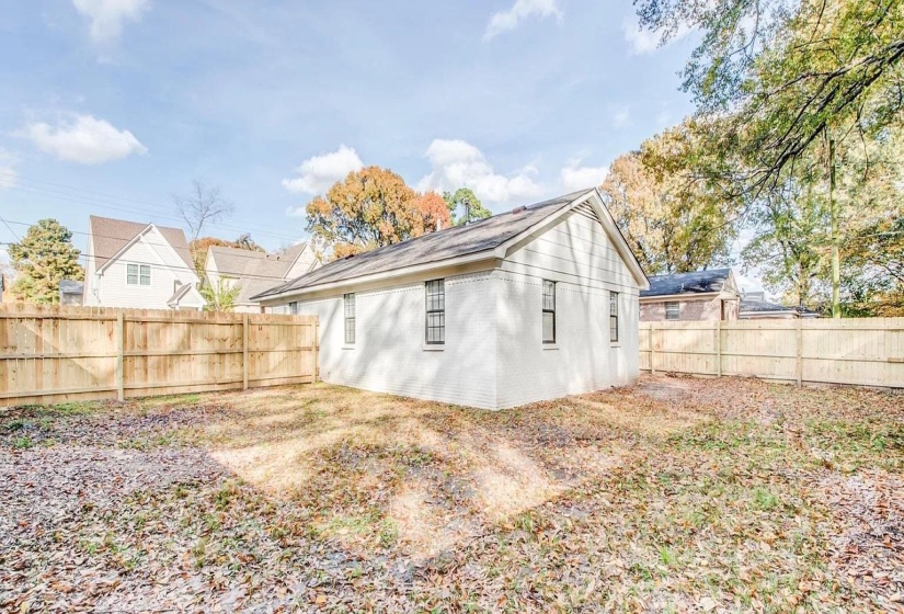 Rear view of house featuring a fenced backyard and brick siding