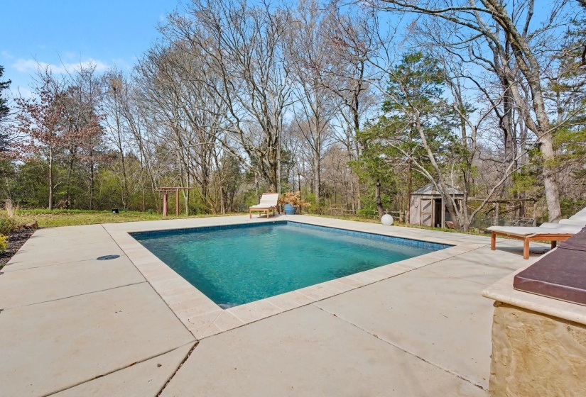 Swimming pool featuring a patio area and a shed