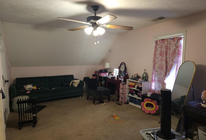 Home office with carpet floors, lofted ceiling, and ceiling fan