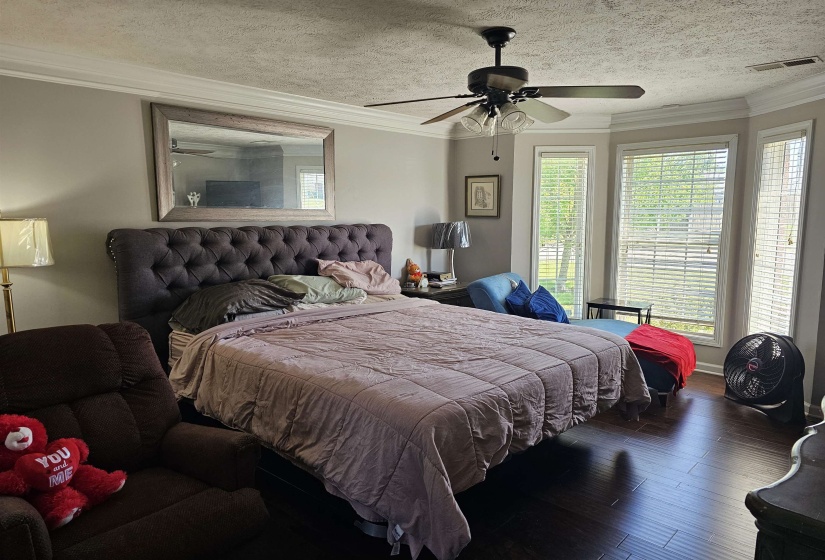 Bedroom with ornamental molding, wood finished floors, a textured ceiling, and a ceiling fan