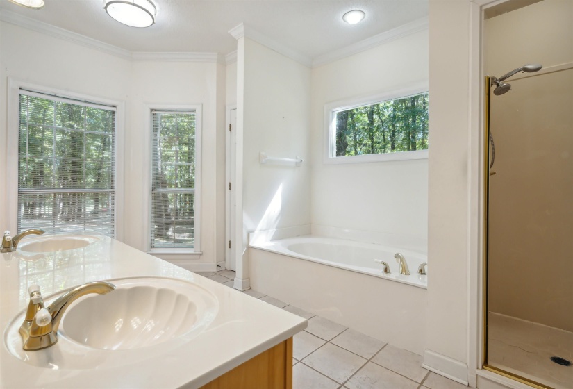 Bathroom with double vanity, light tile patterned flooring, a garden tub, ornamental molding, and healthy amount of natural light