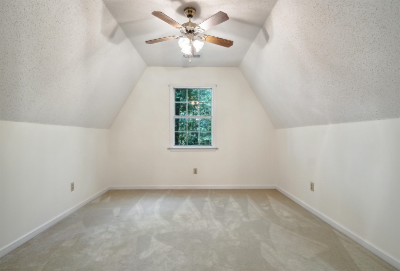 Bonus room with carpet flooring, a textured ceiling, and ceiling fan
