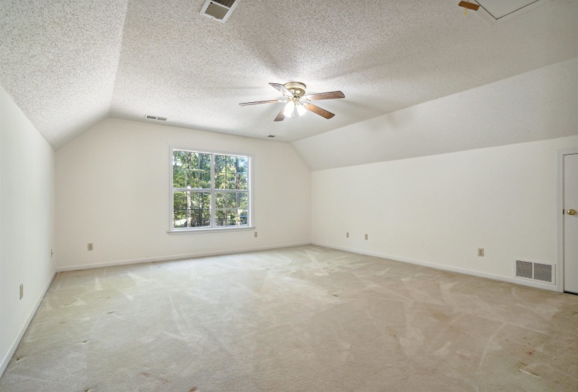 Bonus room featuring light carpet, a textured ceiling, and a ceiling fan
